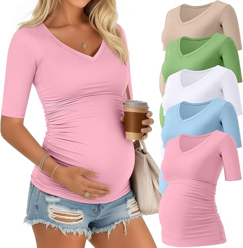 Riyiper 5 Pack Women's Maternity Shirts V Neck Half Sleeve Maternity Tops Side R
