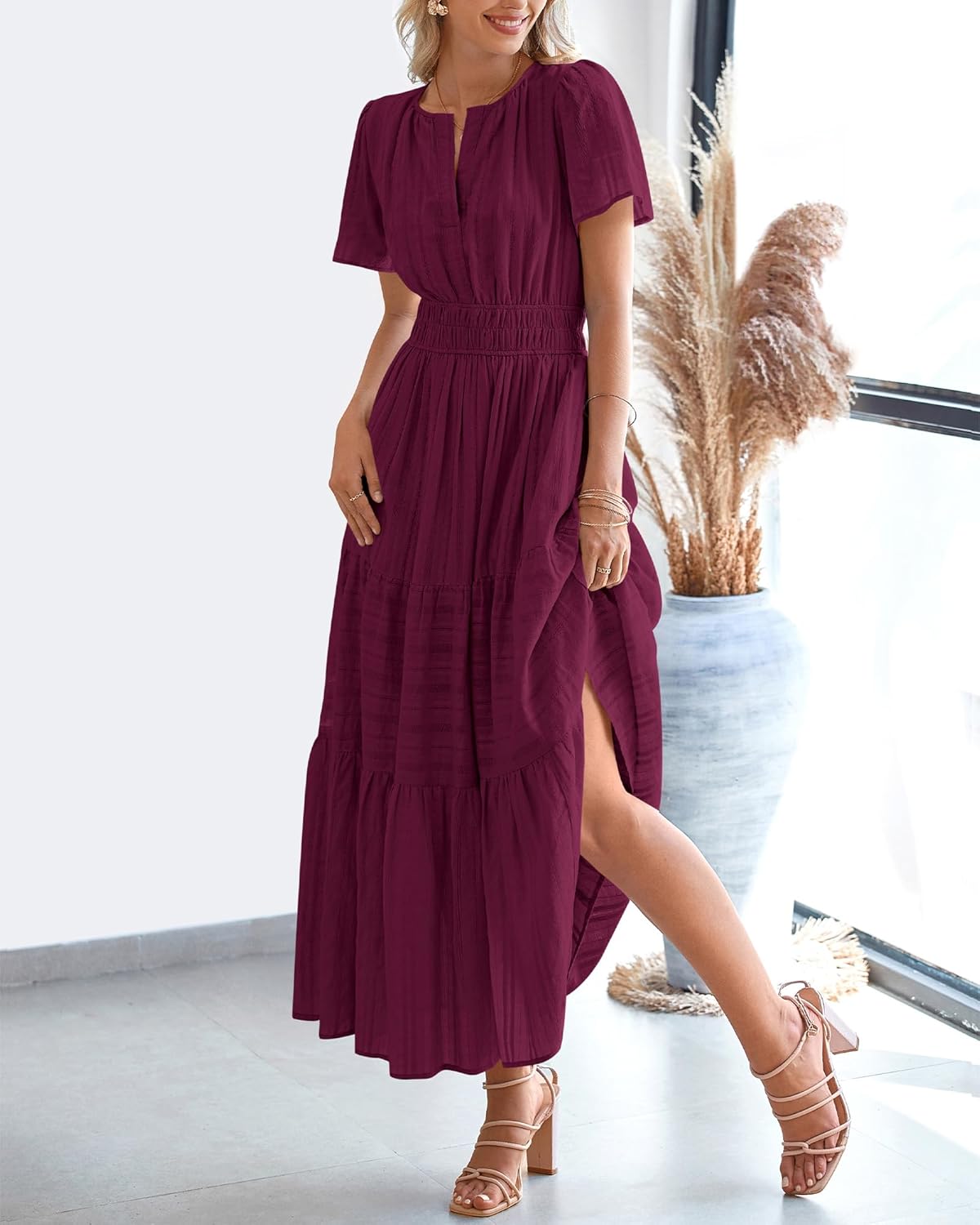 BTFBM Womens Summer 2026 Casual Midi Maxi Dresses Lightweight Short Sleeve V Neck Elastic Waist Boho Beach Dress Pockets - Image 8