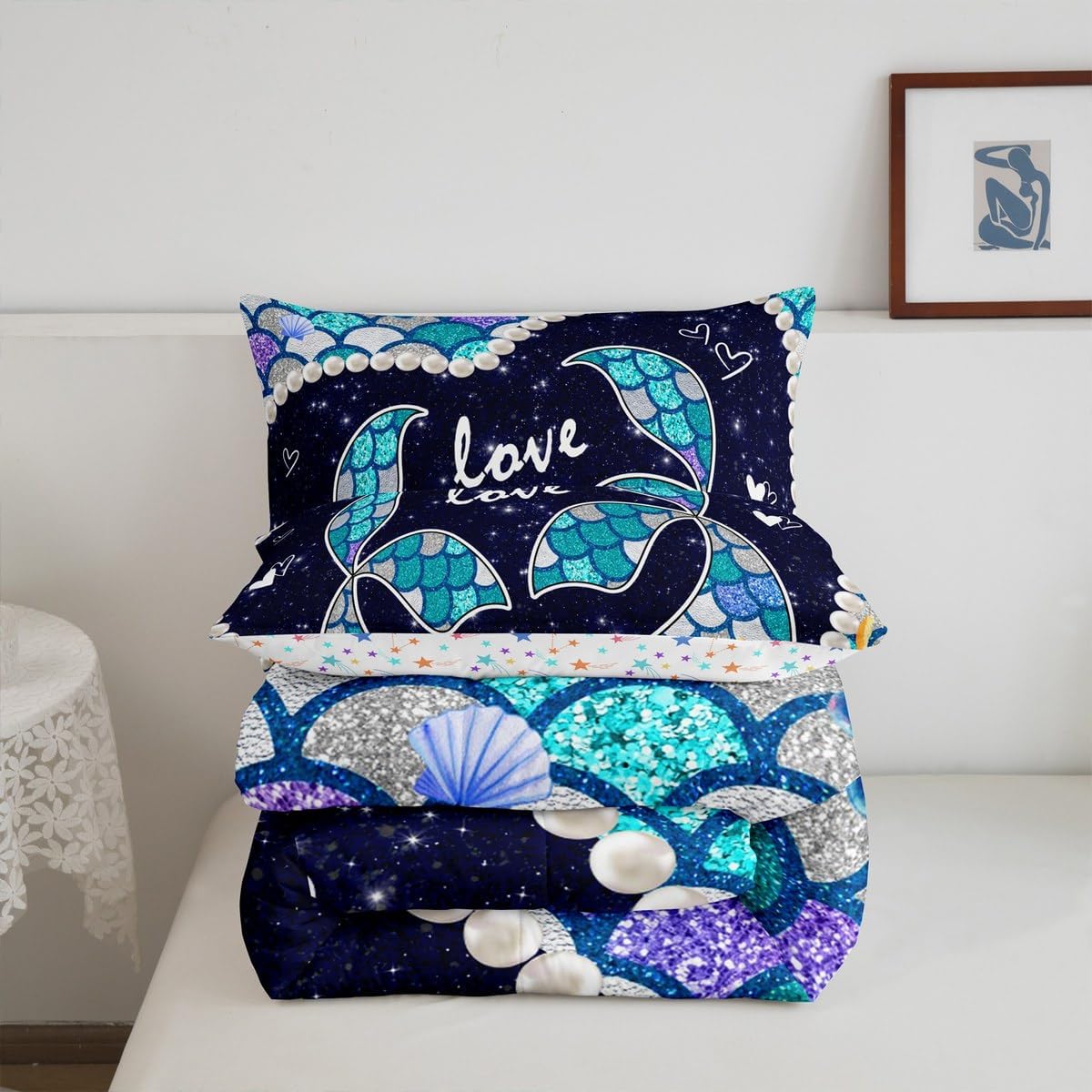 Mermaid Tail Kids Bedding Comforter Set Toddler Size,Dreamy Glitter Galaxy Sky Bedding Sets,Luxury Pearl Scales Printed Bedroom Quilt Set,Ocean Shell Starfish Duvet Insert,1 Pillowcase