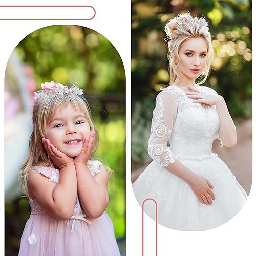 Miniatura 4 de Diadema rosa de flores para niña, diadema de cristal de princesa de 5.4 pulgadas, corona de flores, accesorios para el cabello para mujeres y niñas,