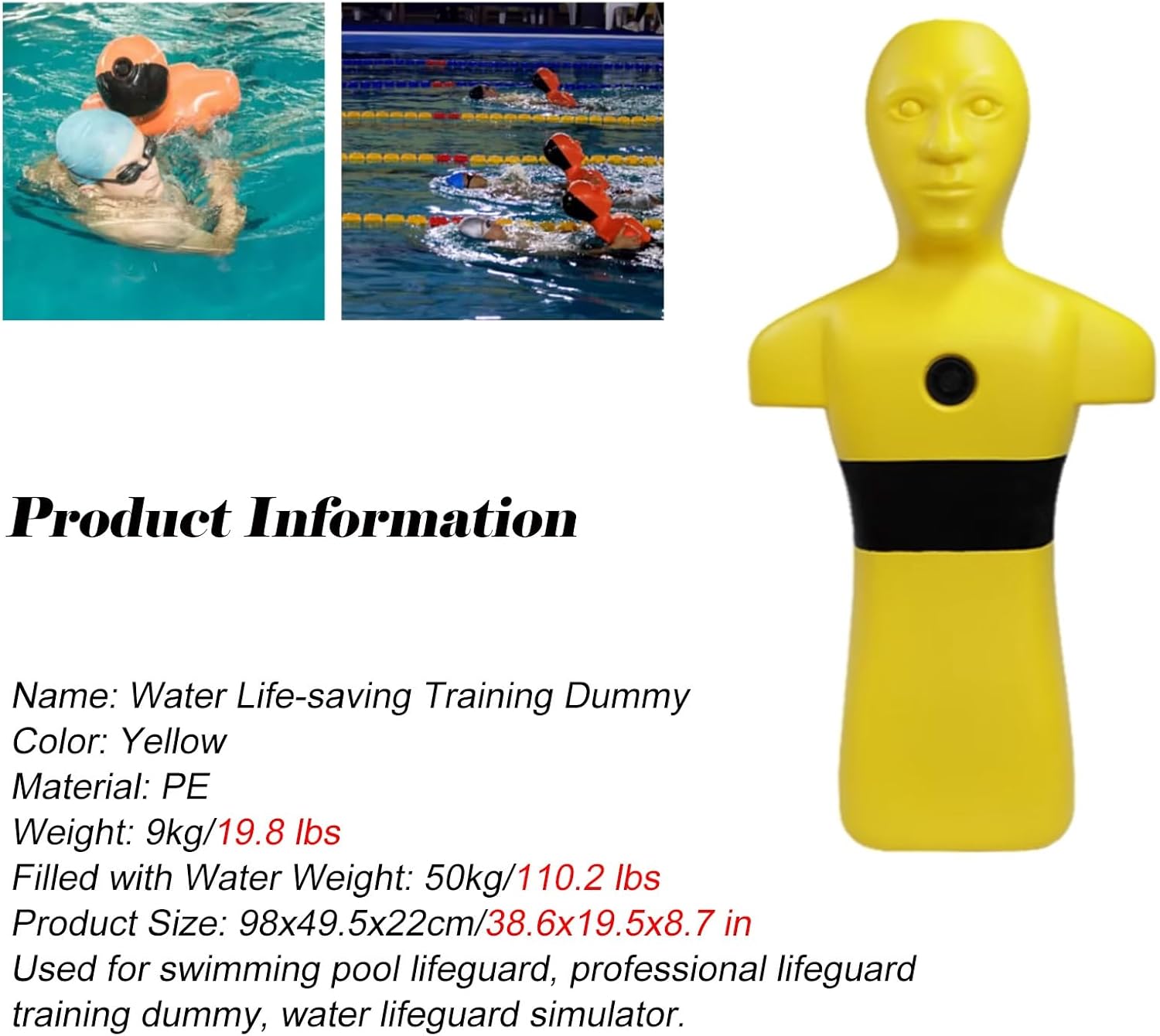 PE Swimming Training Dummy for Lifeguard Practice - 38.6x19.5x8.7 Water Rescue Training Aid for Schools & Community Drowning Simulations (Yellow)