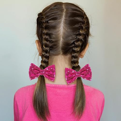 Miniatura 6 de Lazos para el cabello de lentejuelas brillantes de 4 pulgadas de color rosa intenso para niñas pequeñas, San Valentín, Navidad, cumpleaños, fiesta,