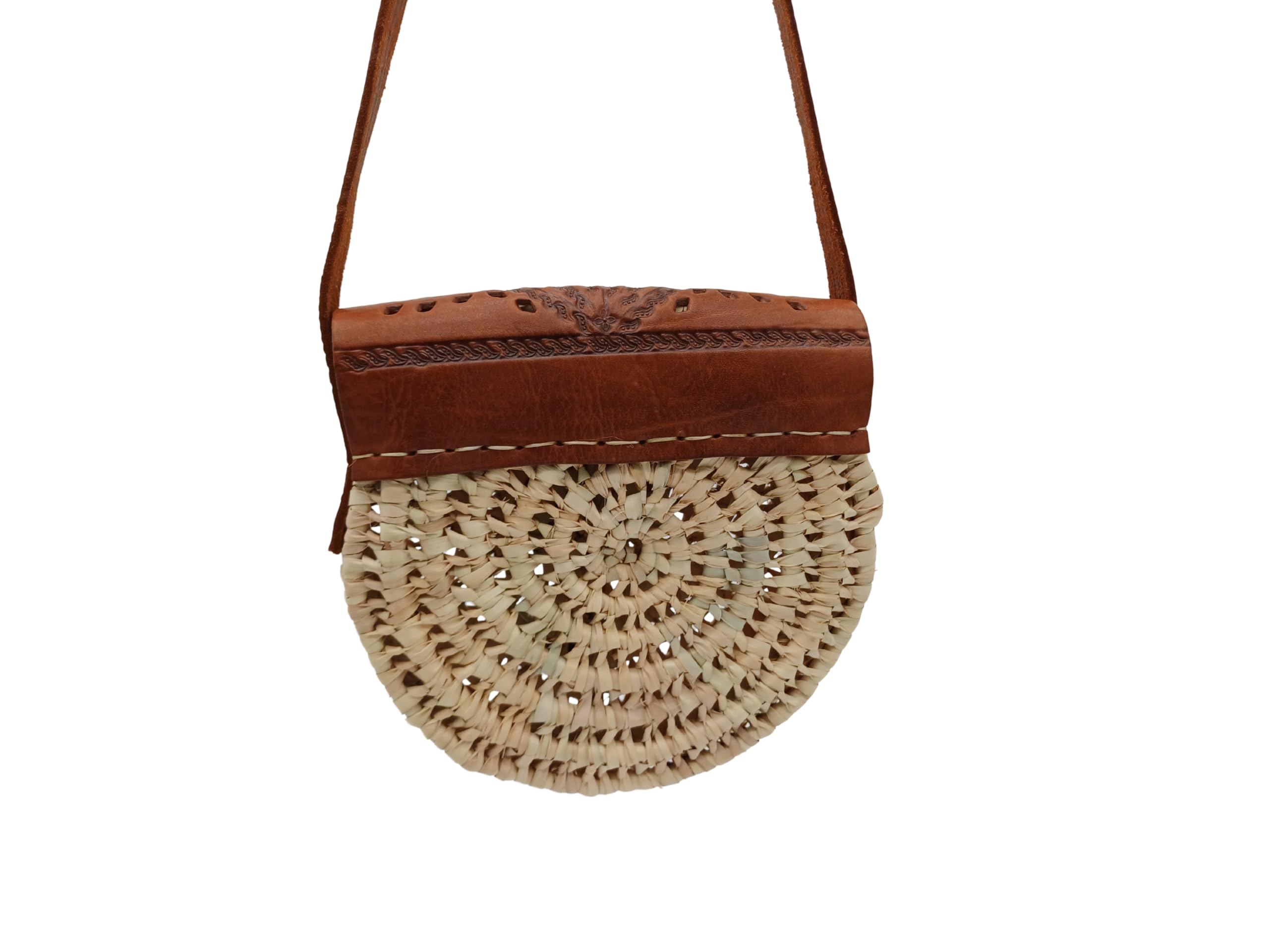 Bolso de Mano Bohemio de Hoja de Palma, Solapa de Cuero, 22x22cm, Beige y Marrón, Asa Larga, Estilo Ratán