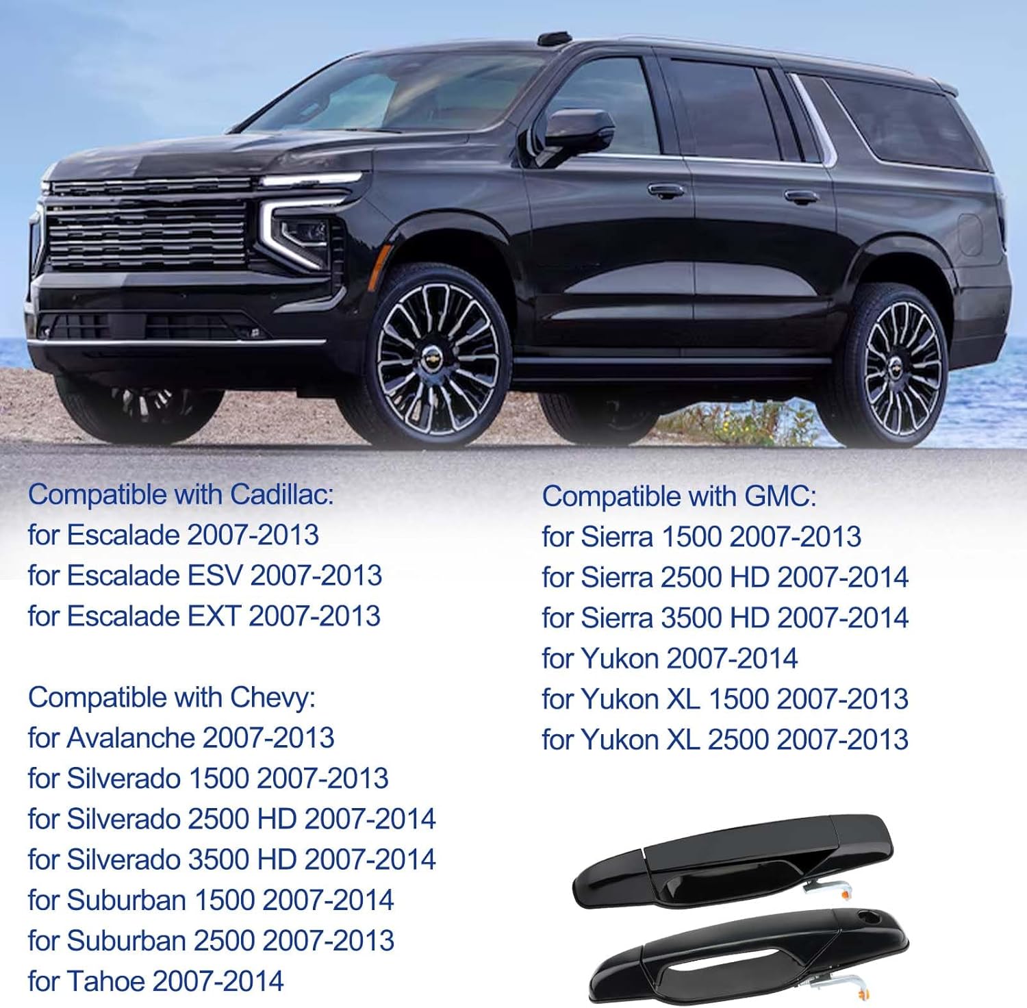 Exterior Door Handle Compatible with Cadillac for Escalade, for Chevy for Avalanche Silverado Suburban, for GMC for Sierra Yukon 2007-2013, Driver Passenger Front Rear Left Right (Black)