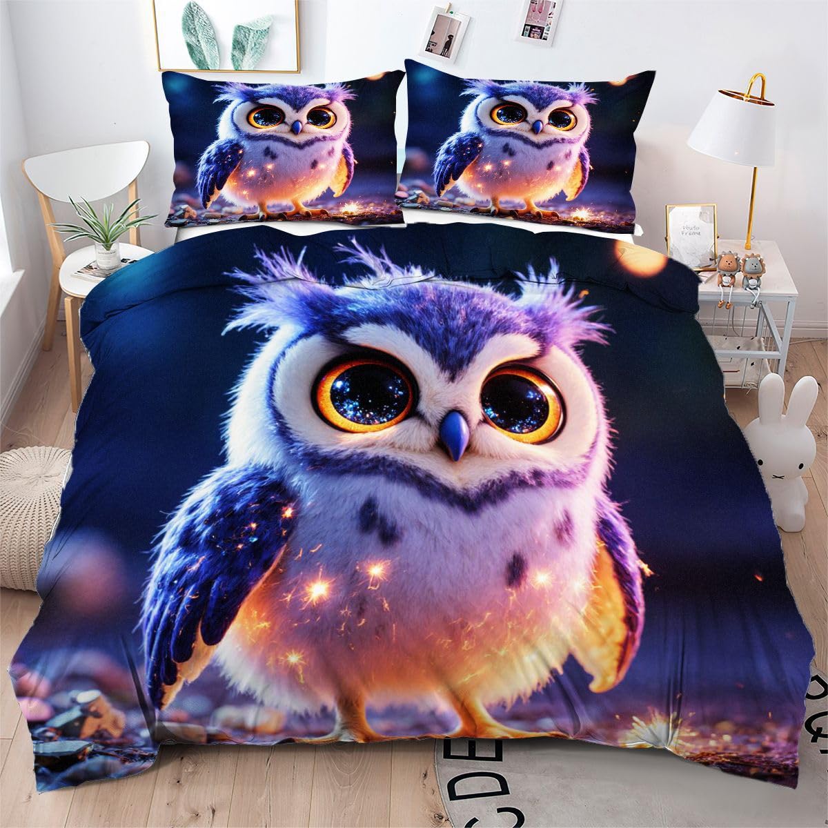 Housse de couette 140x200 chouette violette anti-glissement avec fermeture éclair pratique