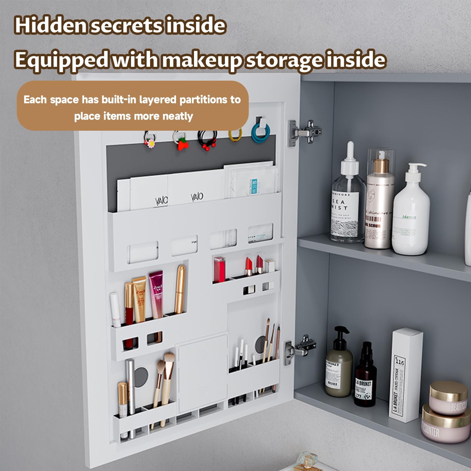 YFAURNDE - Armadietto da bagno salvaspazio da parete, per cosmetici, Smart Touch, con ripiani in resina a pressione, colore: grigio chiaro