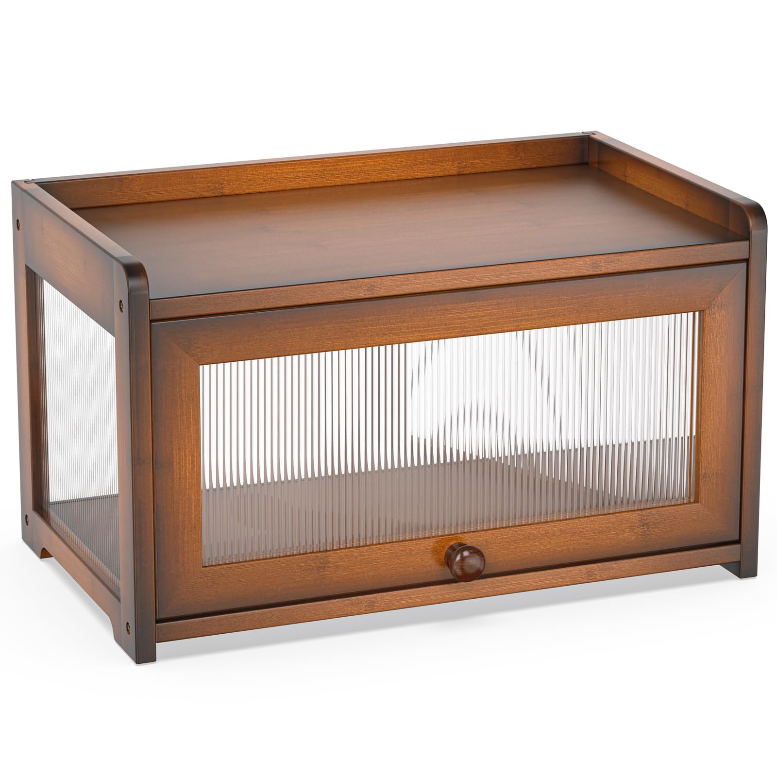 BAMBANG Panera de bambú para encimera de cocina, contenedor de almacenamiento de pan de gran capacidad, caja de pan de granja con 3 lados ondulados y ventana trasera transparente, soporte para panera
