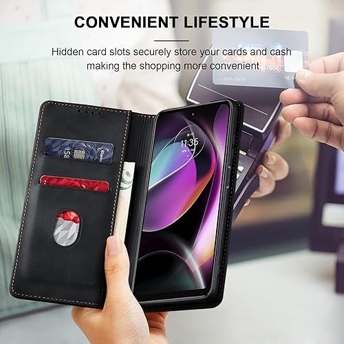 Miniatura 6 de Funda tipo cartera con tapa para Moto G 5G (2022), funda magnética de cuero con tarjetero, función atril, funda protectora duradera de TPU a prueba