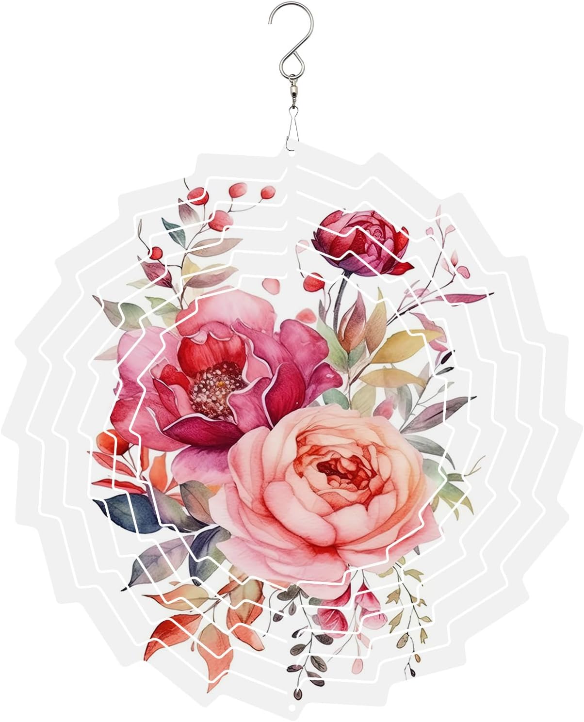 Red Pink Flowers Wind Spinner 3D Stainless Steel, 12 in Sun Shape Double Sided Hanging Wind Spinners, Botanical Floral Buds Leaves Garden Art Wind Sculpture for Yard Porch Front Door