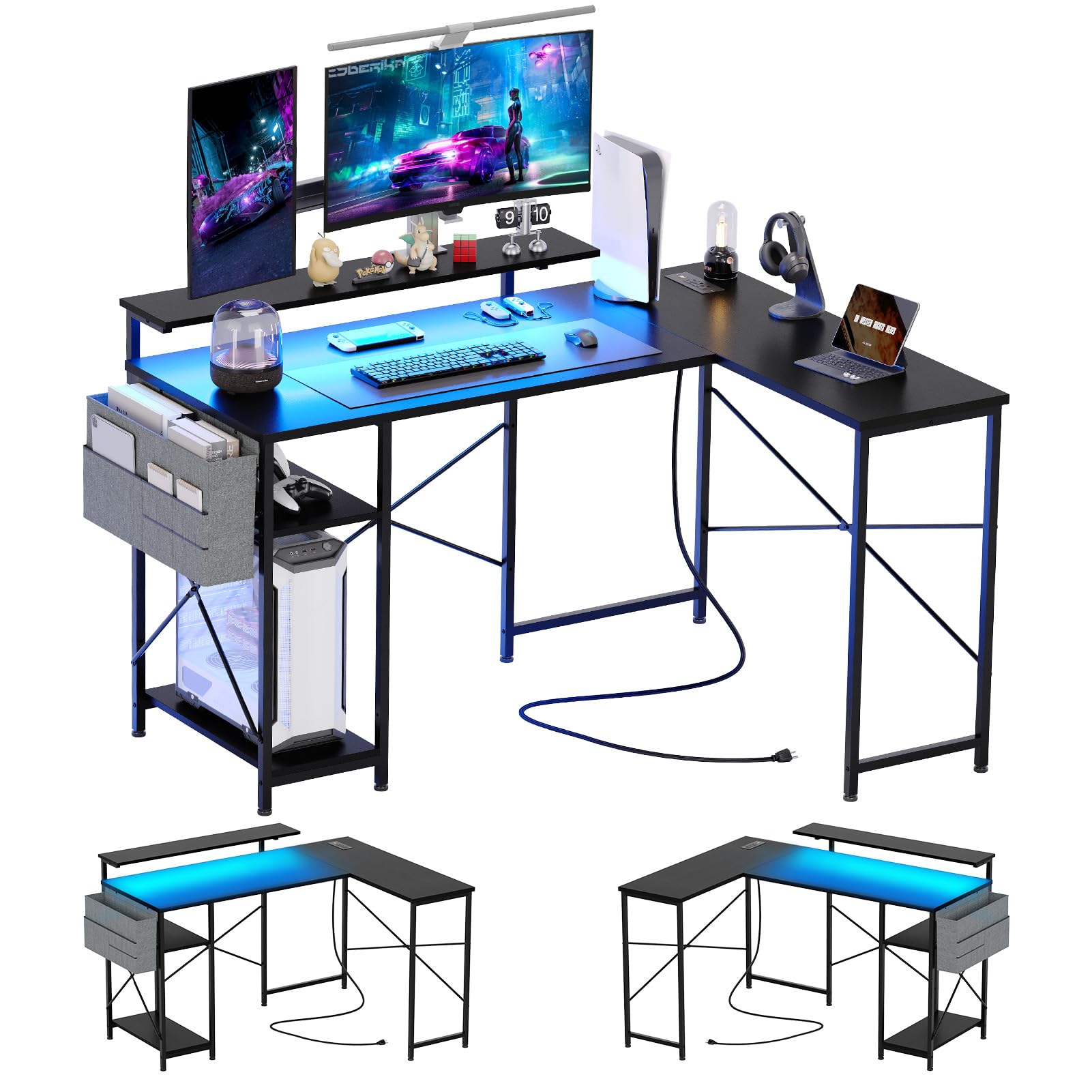 JojokaL Shaped Gaming Computer Desk with Power Outlet & LED Strip, 54 Inch Home Office Desk, Reversible Modern Simple Study Table, Corner Desk with Storage Bag for Office Studio Workstation, Black