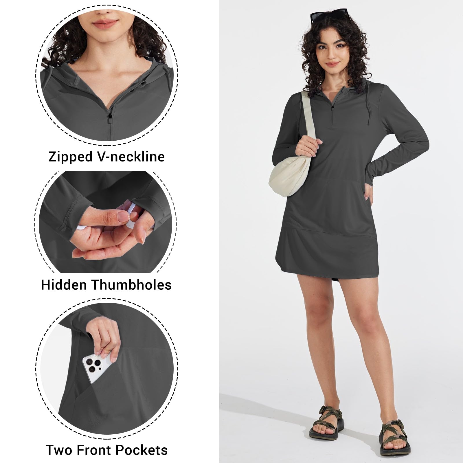 Willit Vestido de natación con Capucha UPF 50+ para Mujer, Manga Larga, Secado rápido, SPF, Gris Profundo, S