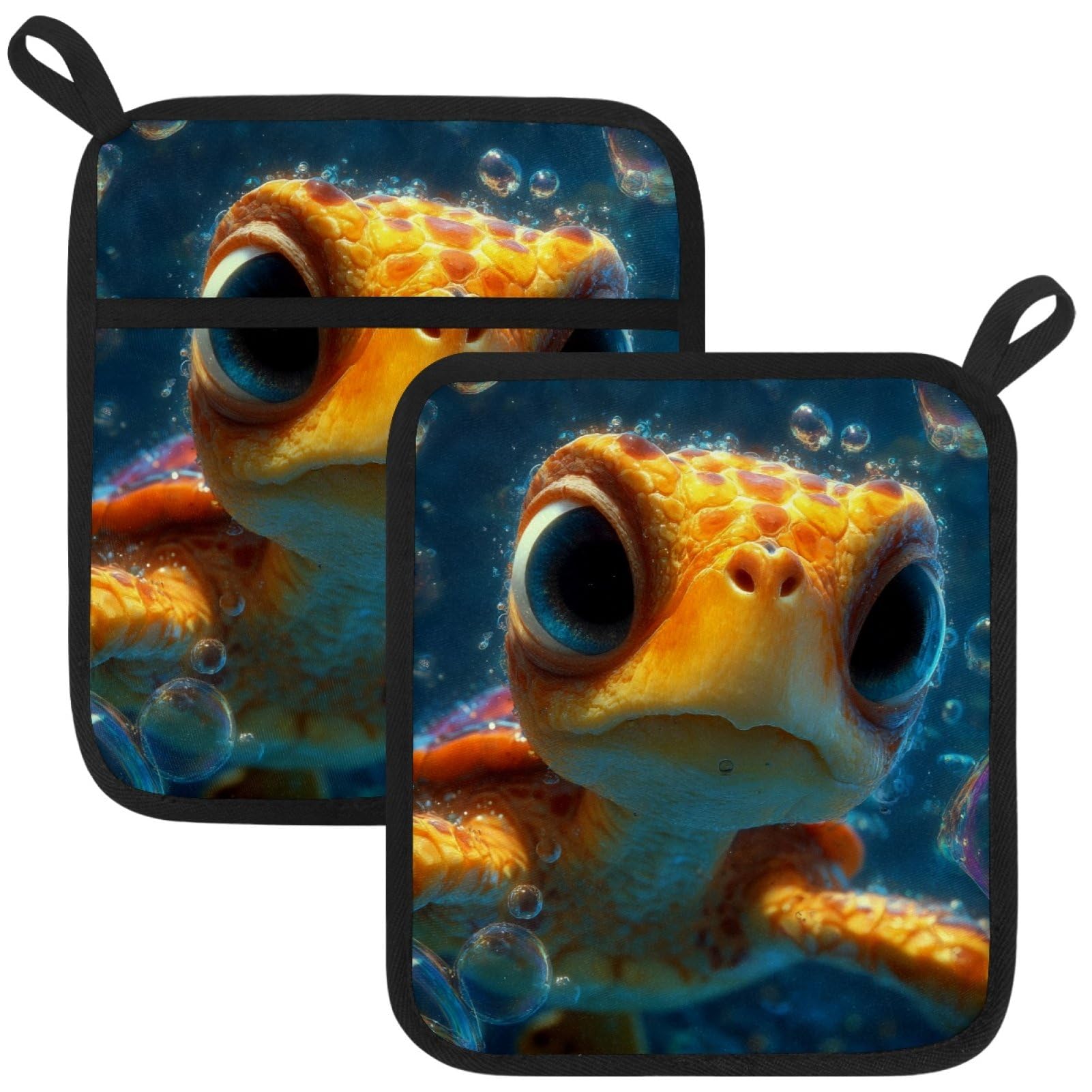 VAPOKF Cute Turtle Pot Holders with Pocket for Kitchen Heat Resistant Potholders Large Polyester-Cotton Square Oven Mitts Set
