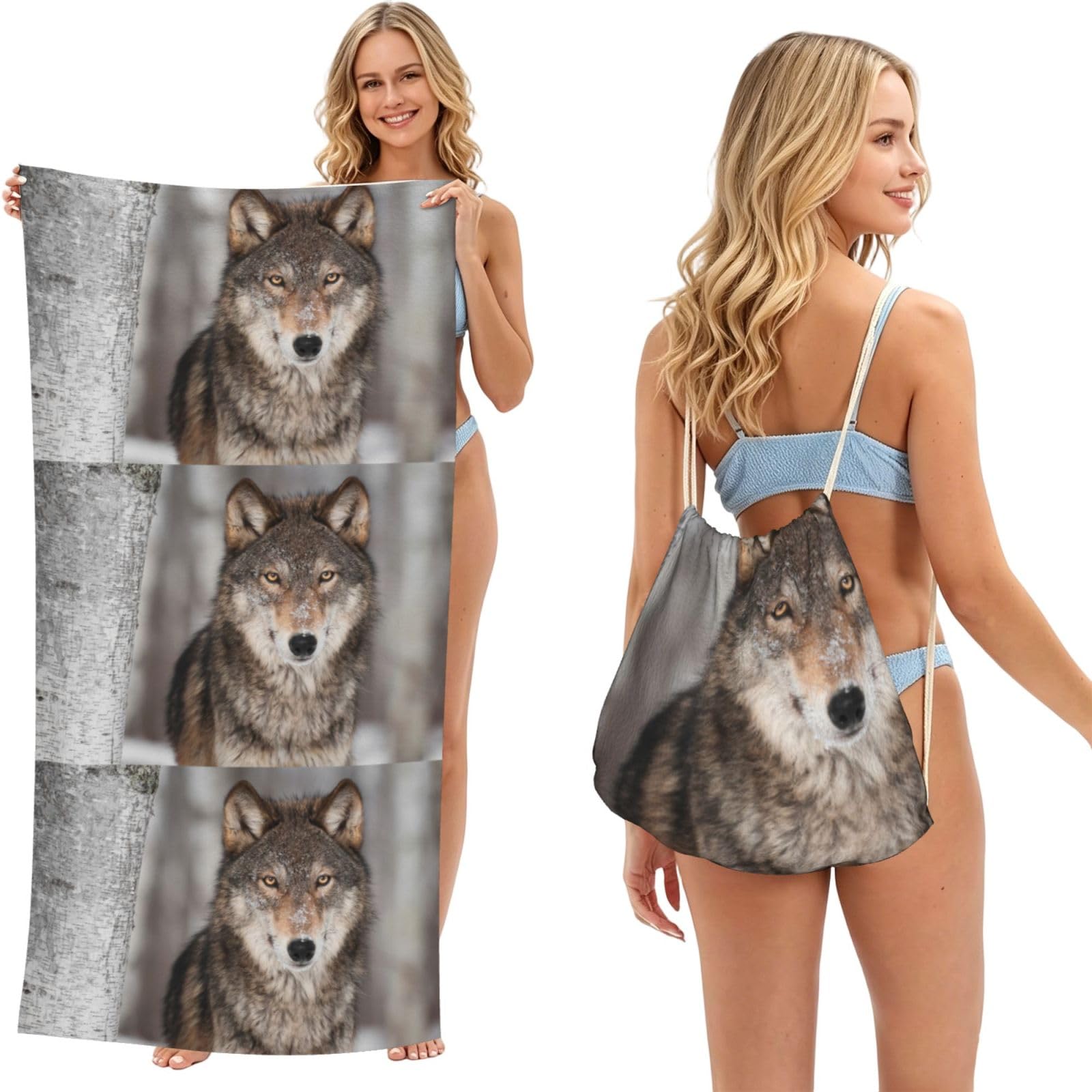 Poadnly As Picture Wild Wolf Print, 2 In 1 Packable Towel Bag, Beach Towels With Drawstring Backpack For Travel Holiday Camping