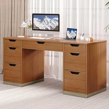 MaverickFurni 54 Inch Executive Desk with Storage Drawers, Wood Computer Desk with 7 Drawers and File Cabinet for Home Office, Bedroom, Workspace for Work Study Writing, Brown