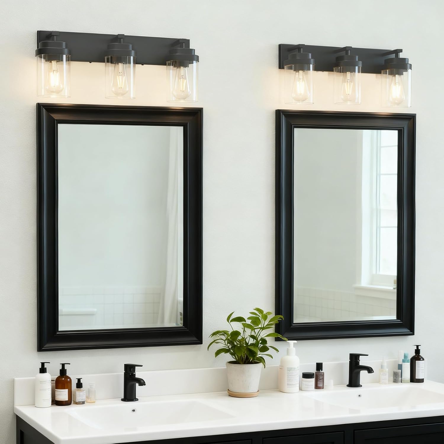 Black Bathroom Light Fixtures, 3 Lights Bathroom Lighting Fixtures Over Mirror, Square Design & Rectangle Large Backplate, Modern Vanity Lighting Fixtures, for Bathroom/Living Room/Bedroom