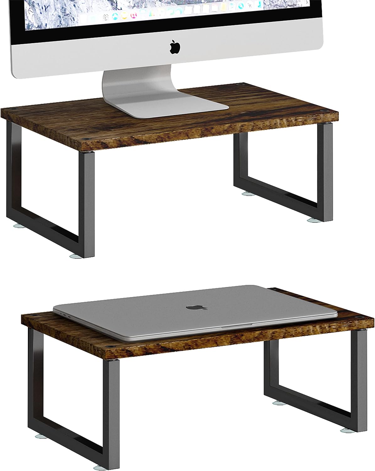 Antique Brown Wooden Dual Monitor Stands and Desk Organizers