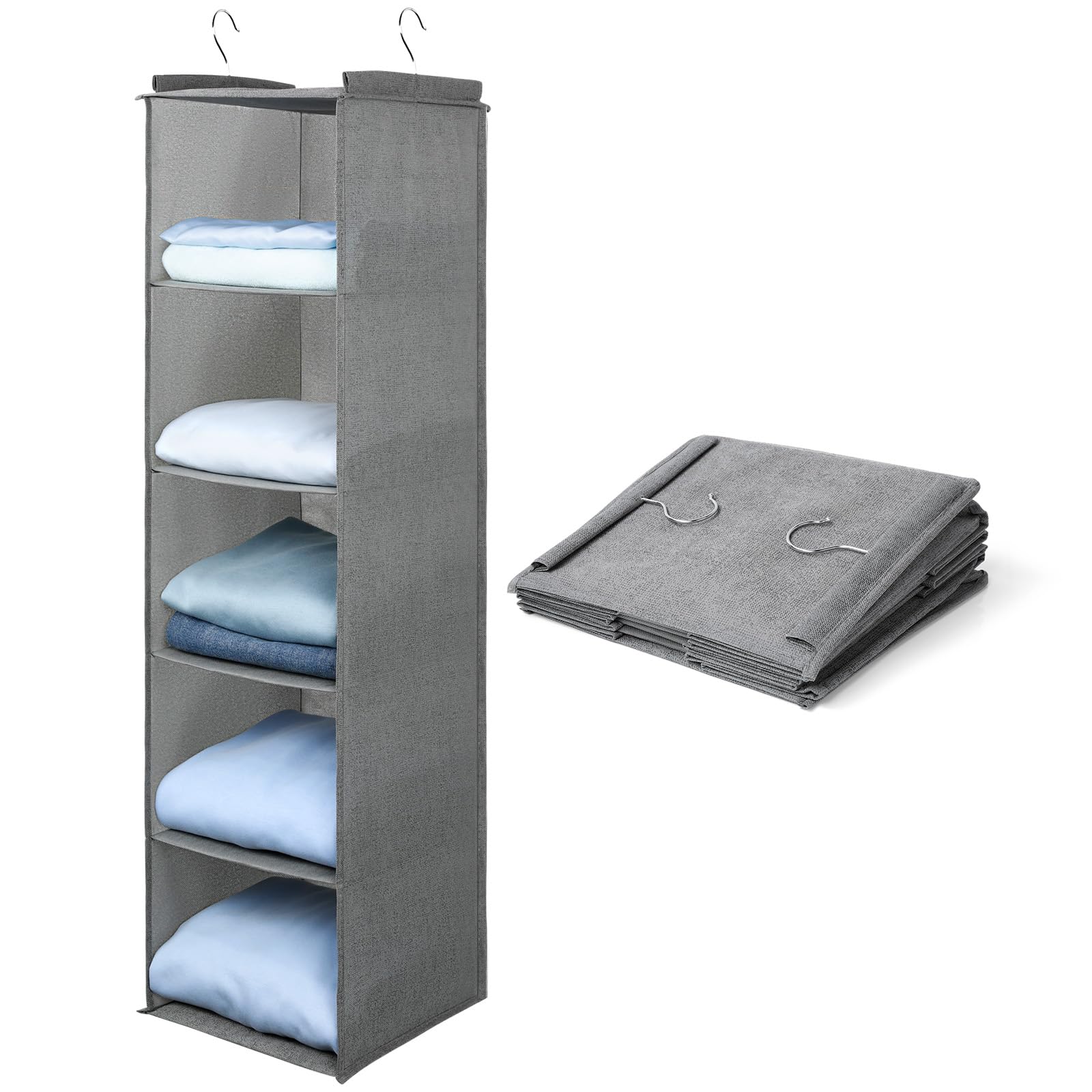 AiQInu Hanging Wardrobe Shelf, Hanging Storage Closet Organizer with 5 Compartments, Foldable Metal Hooks and Space Saving Storage System
