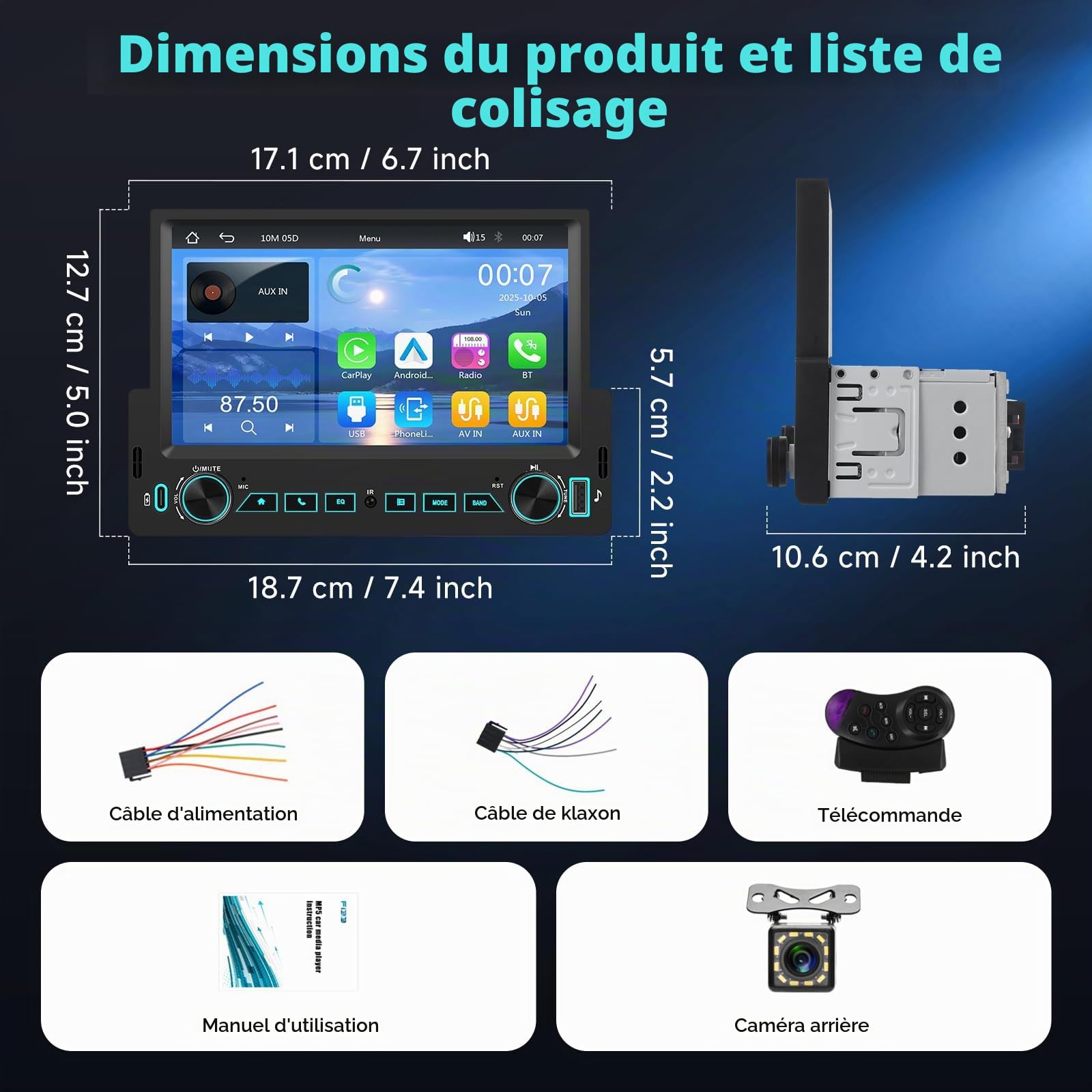 Hodozzy Autoradio 1 Din avec CarPlay Android Auto sans Fil, Poste Radio Voiture 1 Din écran Tactile 7 Pouces avec Bluetooth, Mirror Link, Stéréo FM, Universel MP5 EQ Type-C/USB/AUX, Caméra Recul