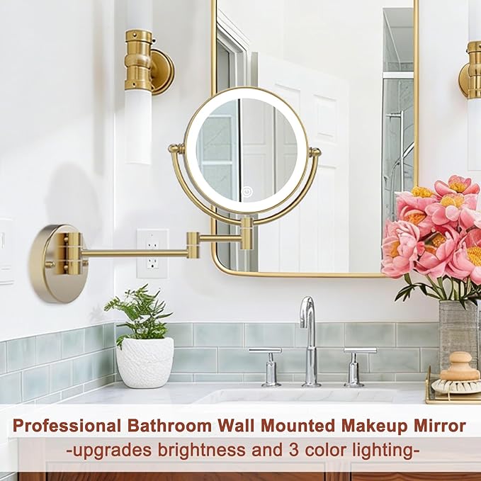 Espejo de Maquillaje LED de Pared Recargable Redondo Dorado miniatura 3