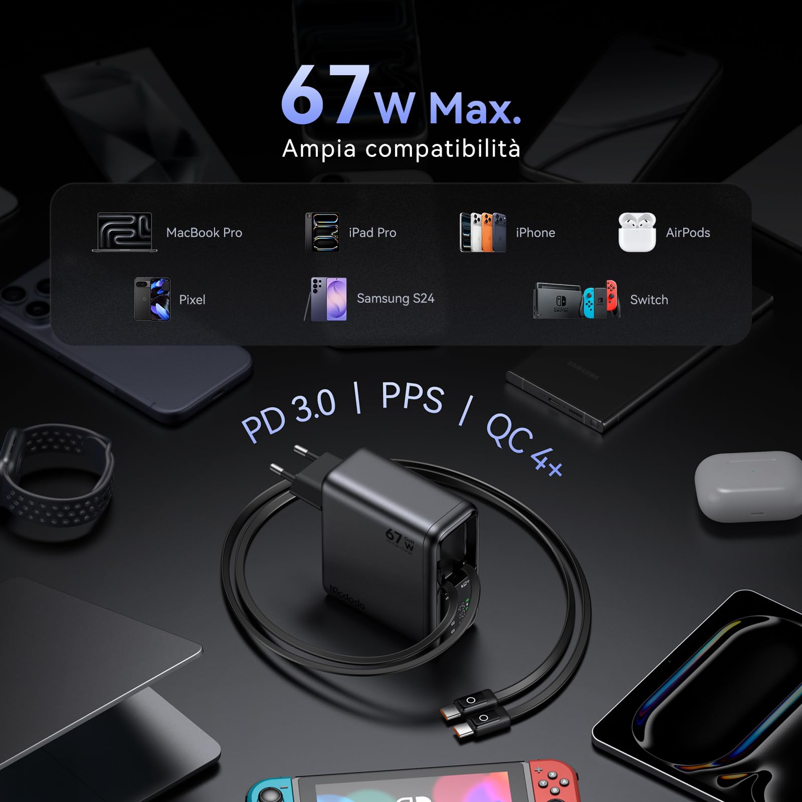 Mcdodo Caricatore USB-C 67W GaN con 2 Cavi USB-C Retrattili Integrati, Display Digitale LED, Alimentatore USB-C a 3 Porte con Ricarica Rapida per MacBook Air/Pro, iPhone 17/16/15, Galaxy, iPad