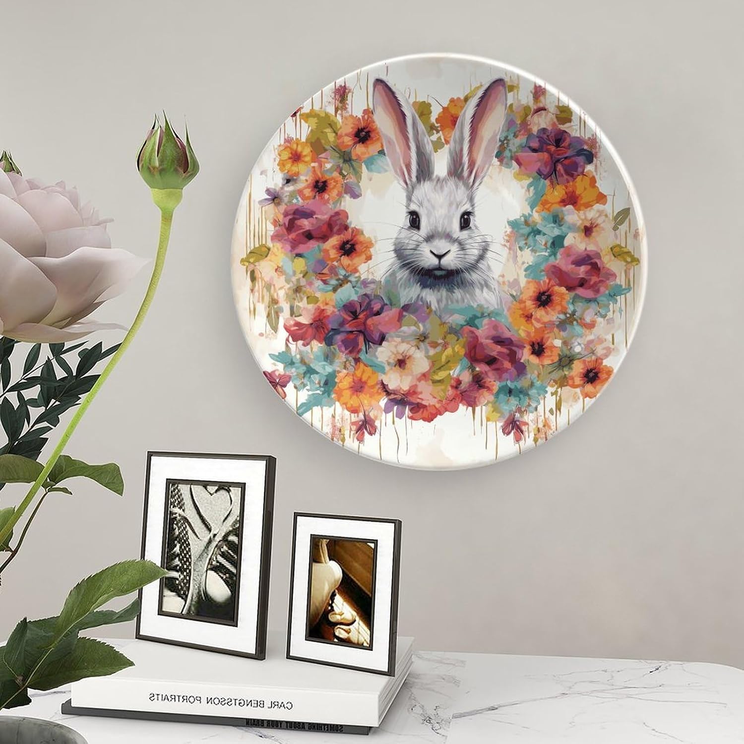 Watercolor Rabbit And Flowers Bone China Decorative Plate with Display Stand, Ceramic Ornaments Plate for Wall Hanging, Personalized Porcelain Plates for Office, Living Room 8inch