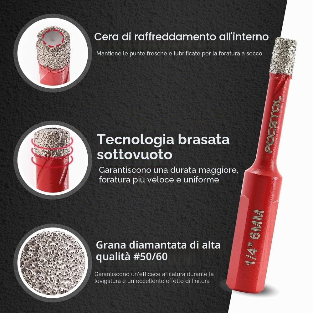 FOCSTOL Set Punte Trapano Diamantate - 4 pezzi 6/6/8/10mm Sega a Tazza Diamantata+1 pezzo 6mm Trapano al Carburo con Gambo Triangolare per Gres Porcellanato Ceramica Granito Marmo