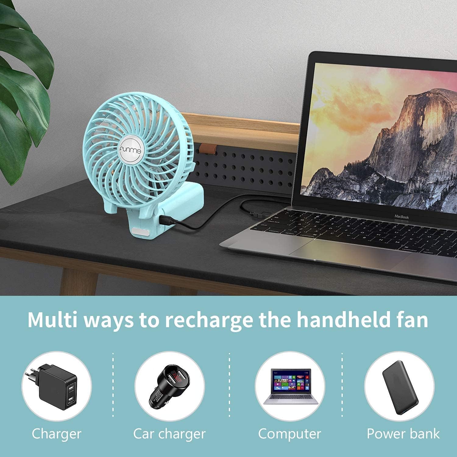 Illustrations showing various methods to recharge the handheld fan: wall charger, car charger, computer, and power bank