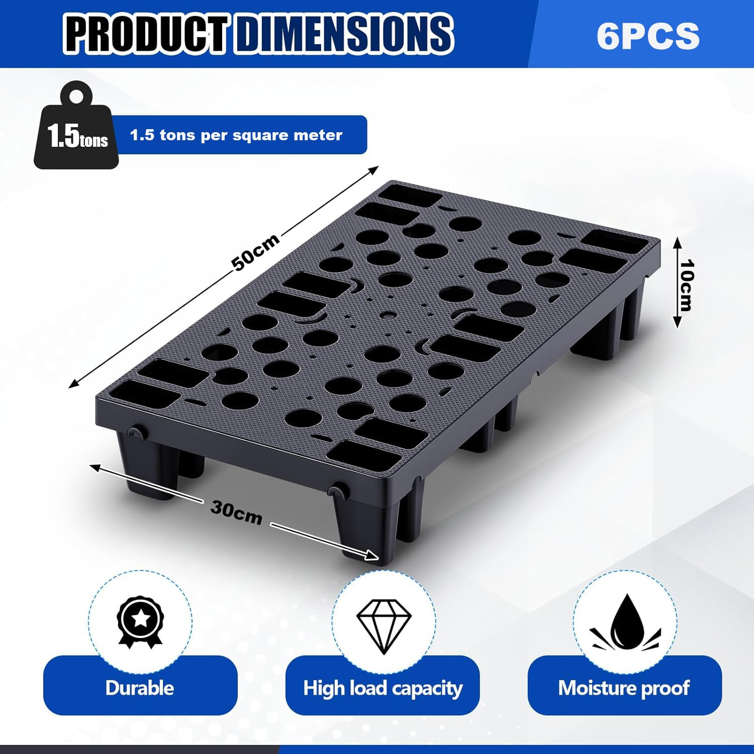 6 pezzi Pallet in plastica, Bancale Pallet impilabile resistente all'umidità con griglie traspiranti per supermercati, garage e magazzini, 50x30x10 cm