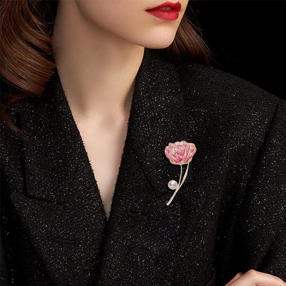 LYGXWJFC Broszki dla kobiet, Vintage różowa emaliowana broszka z kwiatem Pin damska z broszką z imitacji perły