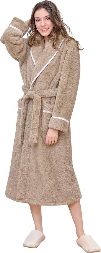 Women Fleece Robe with Satin Trim Luxurious Plush Spa Bathrobe Large-X-Large, Khaki