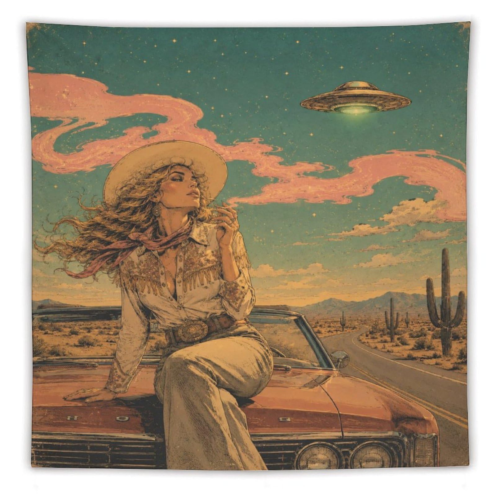 W7C8U2X3 UFO Cowgirl Desert Road Wall Tapestry, Surrealist, Office