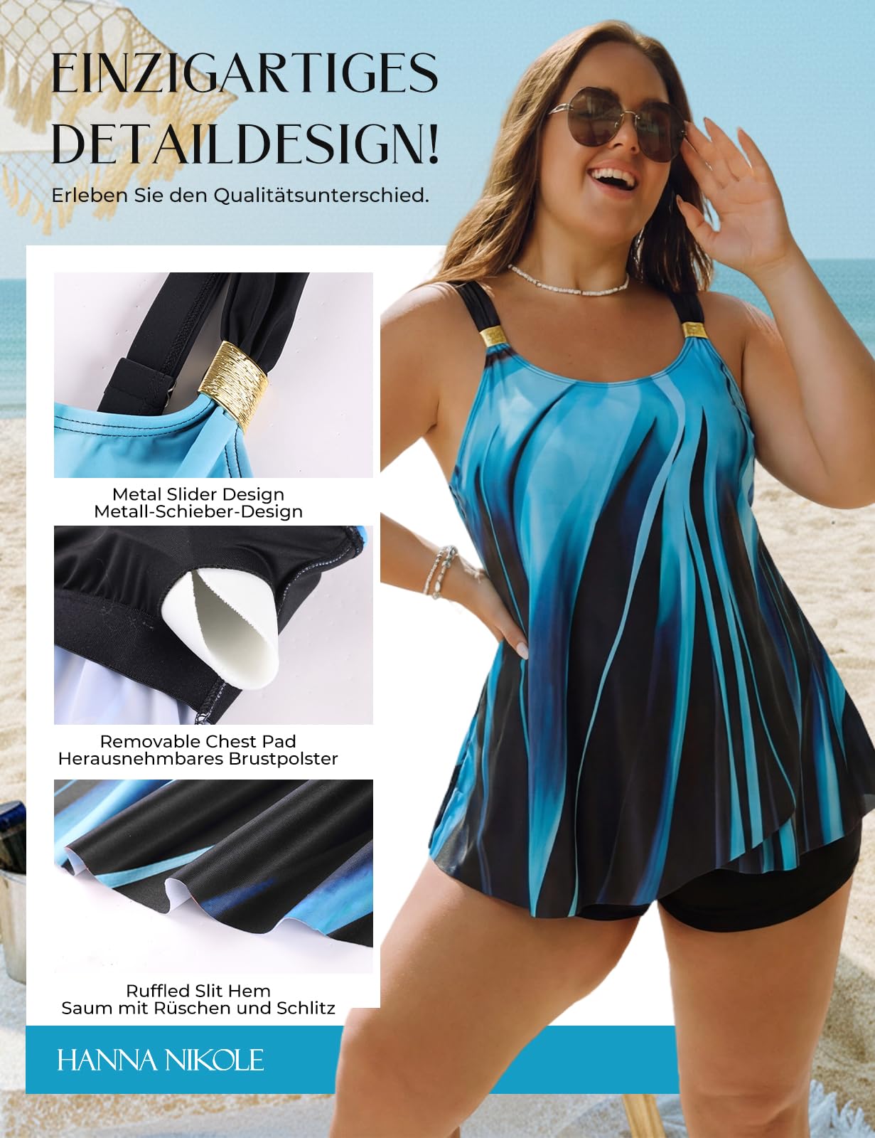 Hanna Nikole Traje De Baño Tankini con Control De Barriga para Mujer, Talla Grande, Push Up, Cuello Halter, Dobladillo Irregular, Traje De Baño De Dos Piezas con Pantalones Cortos