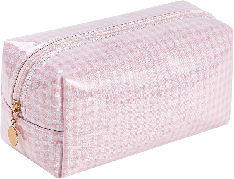 Necessaire de maquiagem JOVAKIT xadrez rosa com zíper, PVC/Light Pink, 1 unidade