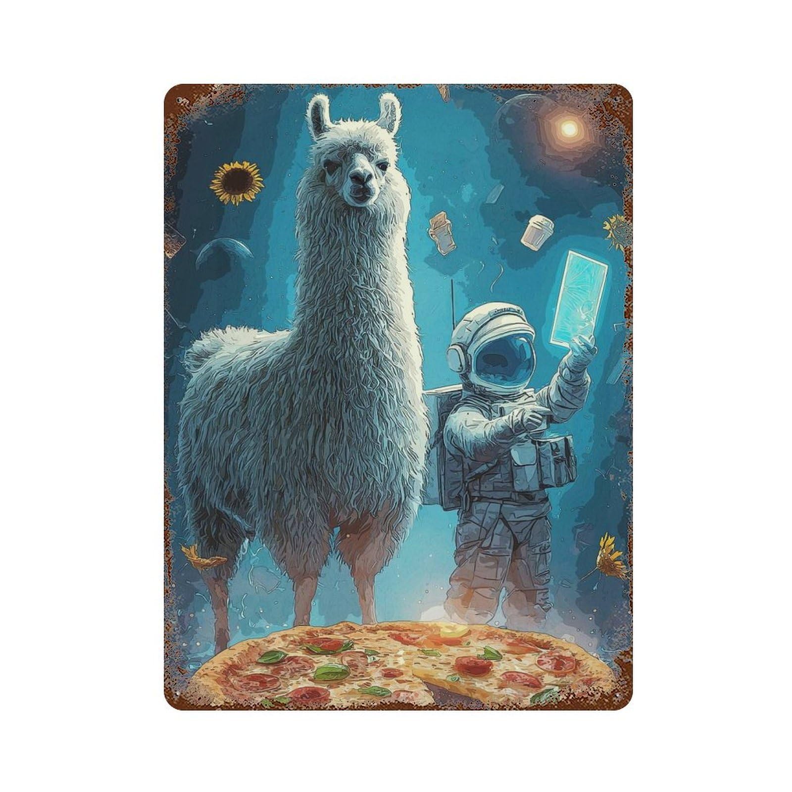Llama Astronaut Pizza Space Rusty Metal Tin Sign 15.7"x11.8", Rustic Home Decor for Living Room, Hallway And Home Decor