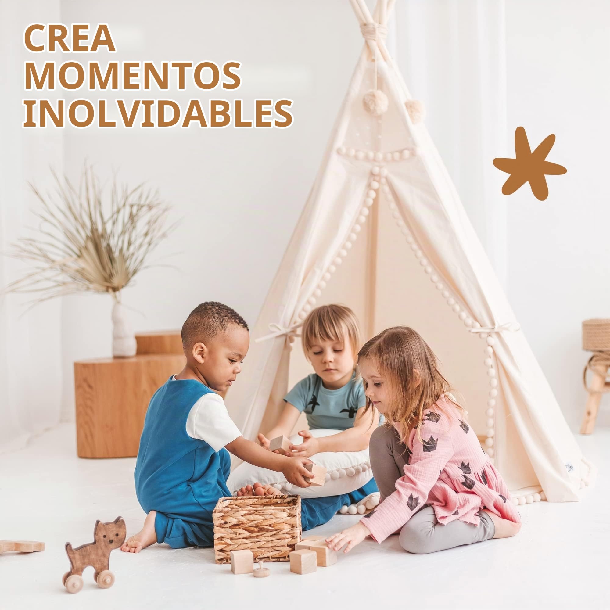 MINICAMP Teepee Original para Niños, Tienda de Campaña de Lona Natural de Algodón con Madera Hecha a Mano, Tienda de Juego Interior para Dormir para Niñas y Niños con Pompones