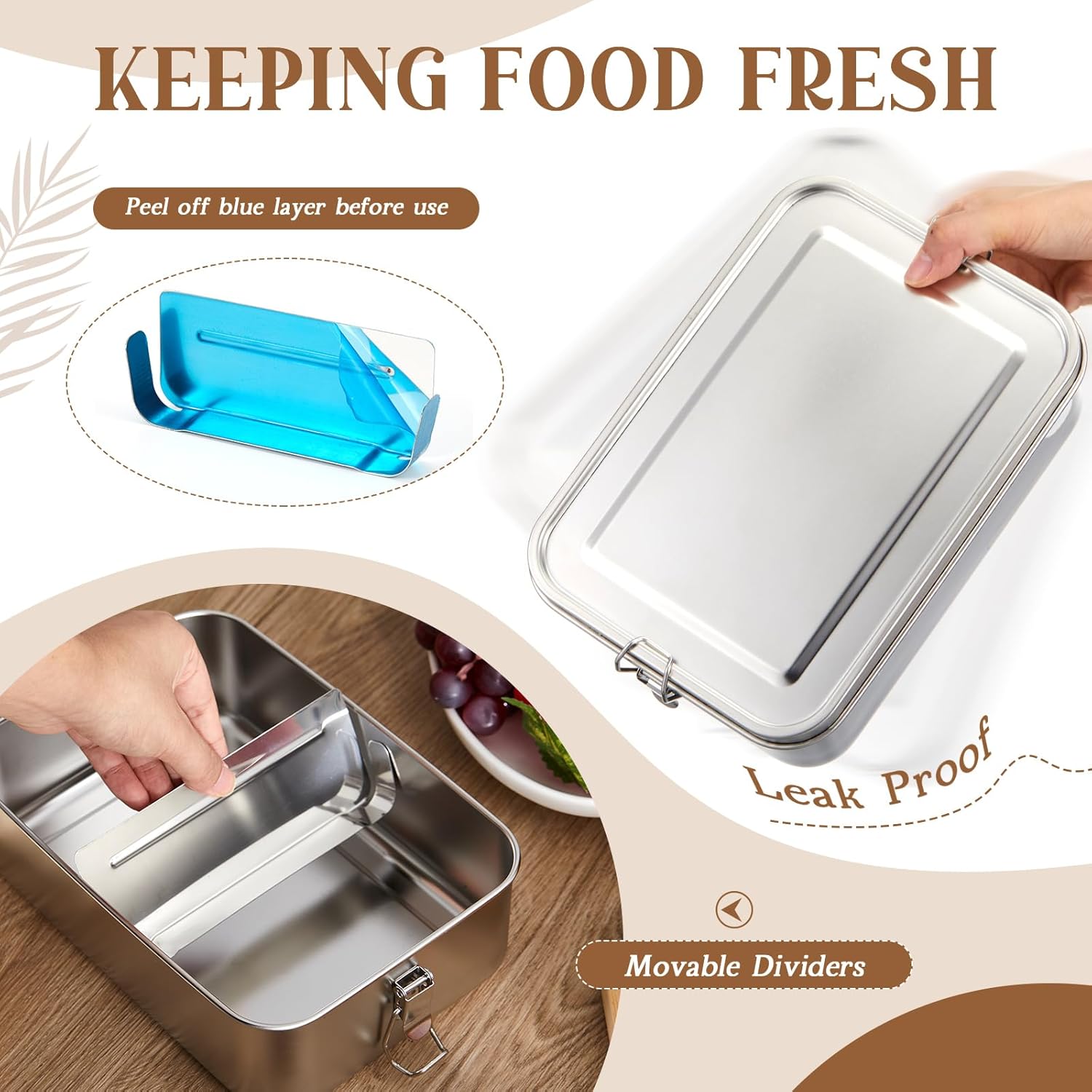 2 Pcs 81 oz Stainless Steel Bento Box with 4 Removable Divider, Large 2400 ml Metal Lunch Box with 2 Sauce Containers, Leak-proof Lunch Food Containers with Lockable Clips, Dishwasher Safe