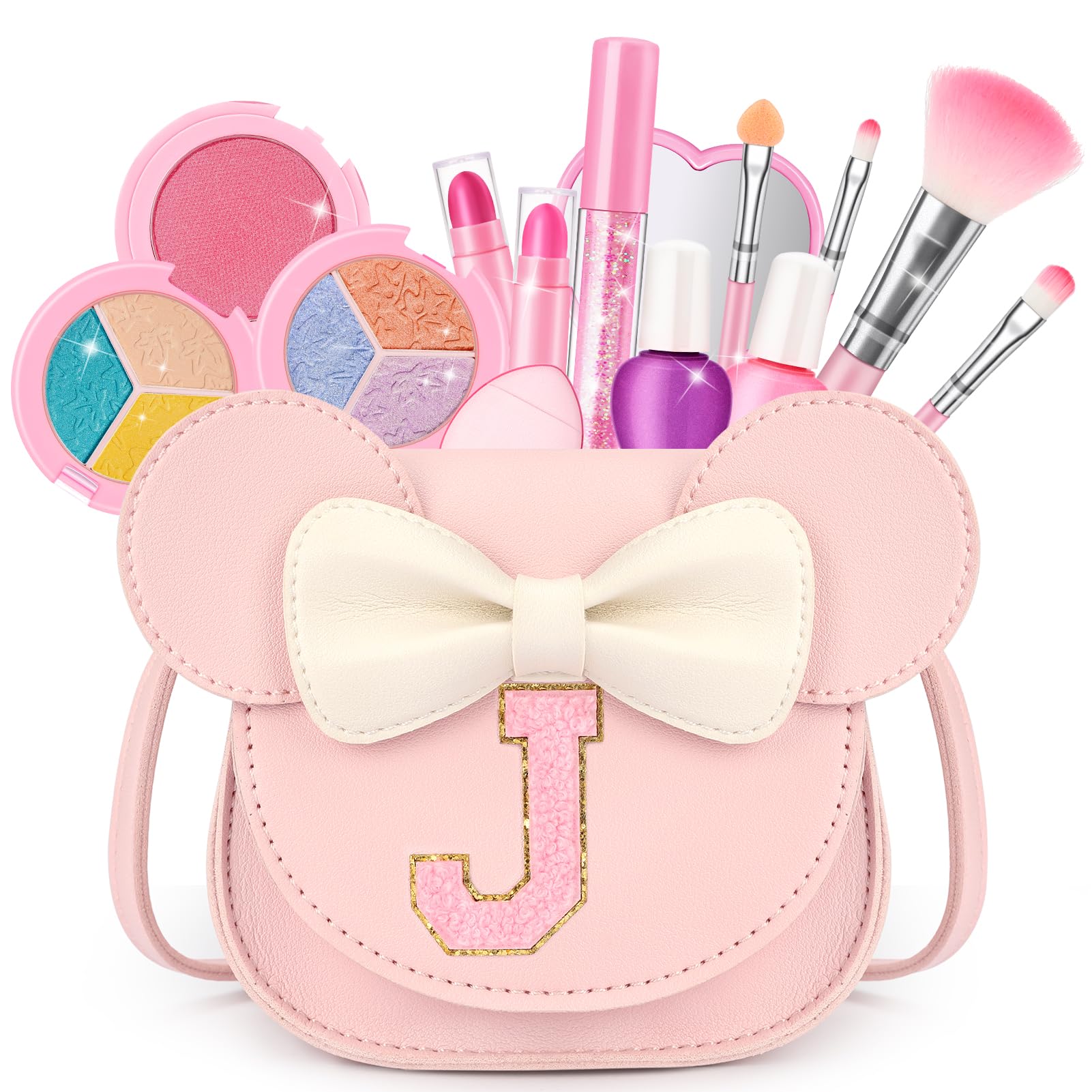 Kids Makeup Kit for Girls - 15 Pcs Real Washable Make Up Set - Non Toxic Toddlers Cosmetic with Letter Mouse Ear Purse - Valentines Day Gifts for 3 4