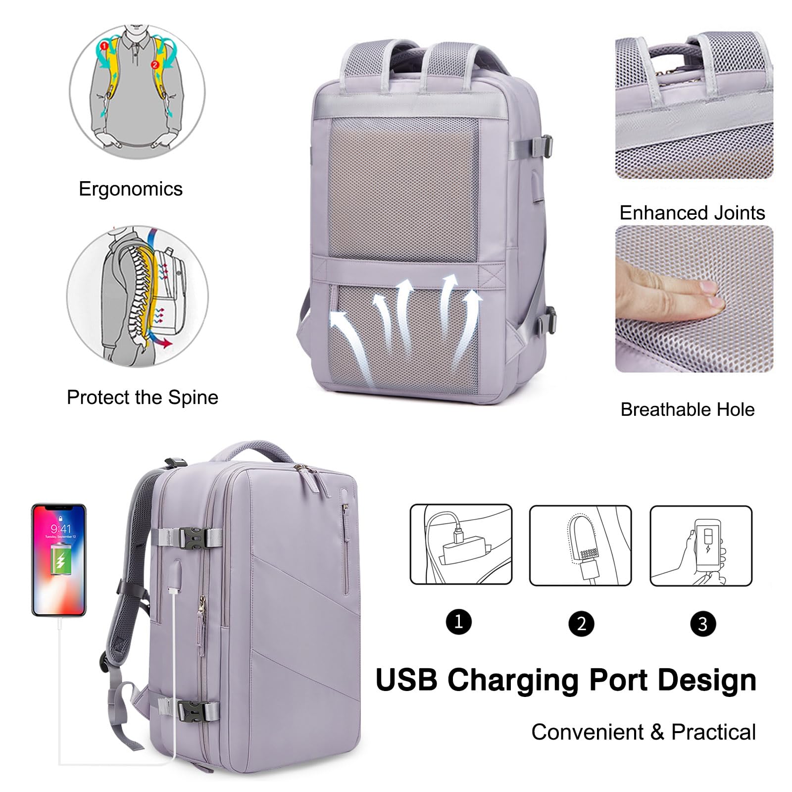 FANDARE Mochilas Tipo Casual Bolsa de Equipaje de Mano para avión Hombre Mujer Mochila Viaje Ryanair 30x20x45cm Bolsa Laptop Bolso de Mano Mochila de Viaje Bolsos Negocio Trabajo Mochila Púrpura