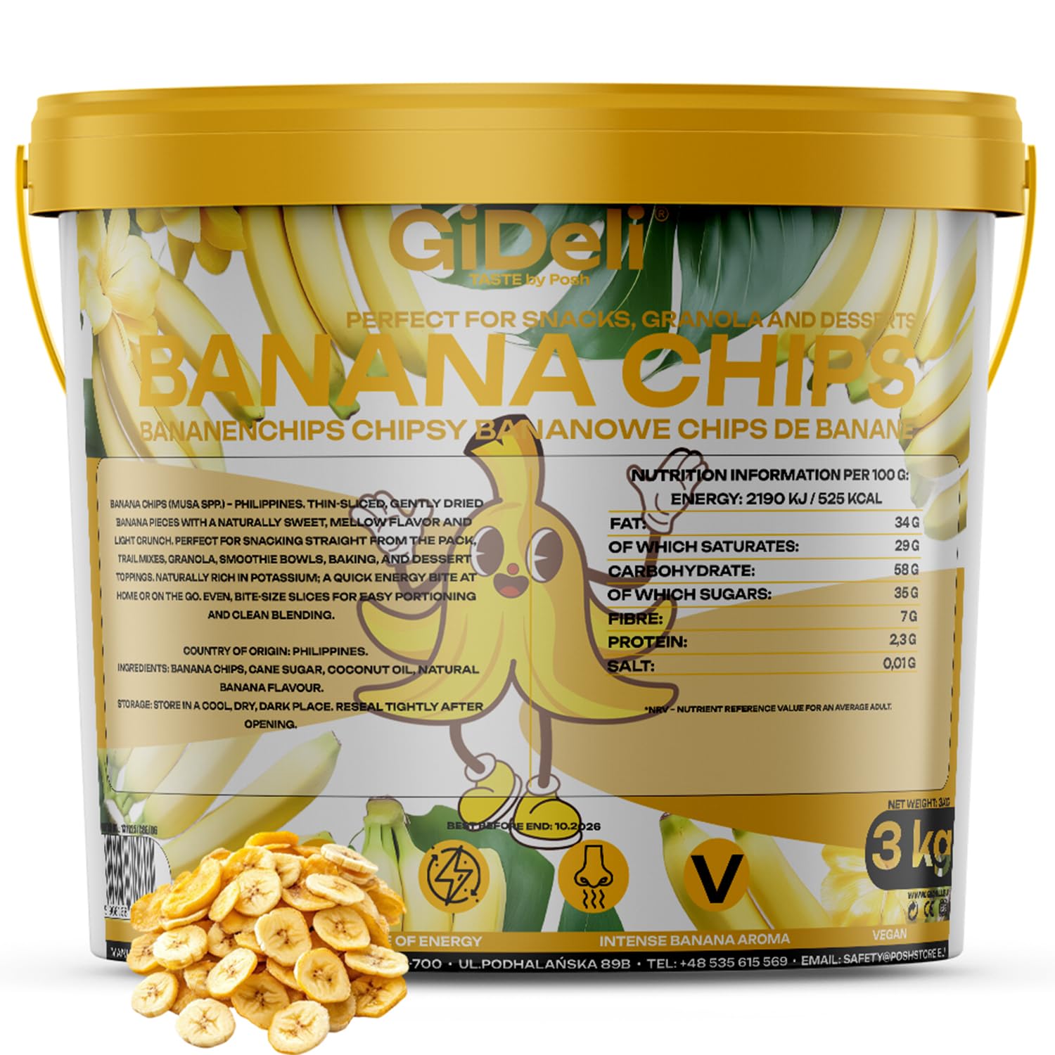 GiDeli Bananenchips 3 kg im Eimer - getrocknete Bananen Früchte Ungesüßt - Gesunde trocken Snacks - ideal für Müsli, Joghurt, Smoothies & Backen - ohne Palmöl