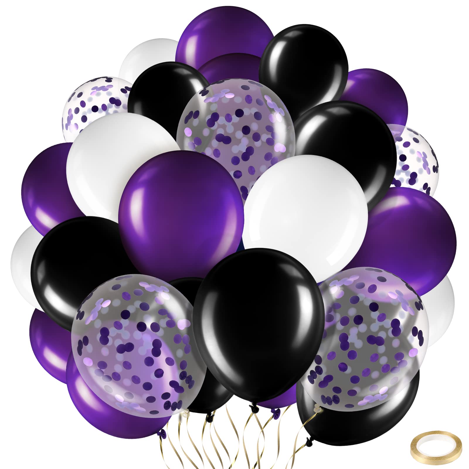 Sratte 60 Pcs 12 Inch Black Purple White Balloons Kit Valentine's Day Decorations Confetti Latex Metallic Balloons with 2 Rolls Ribbon Party Favor for