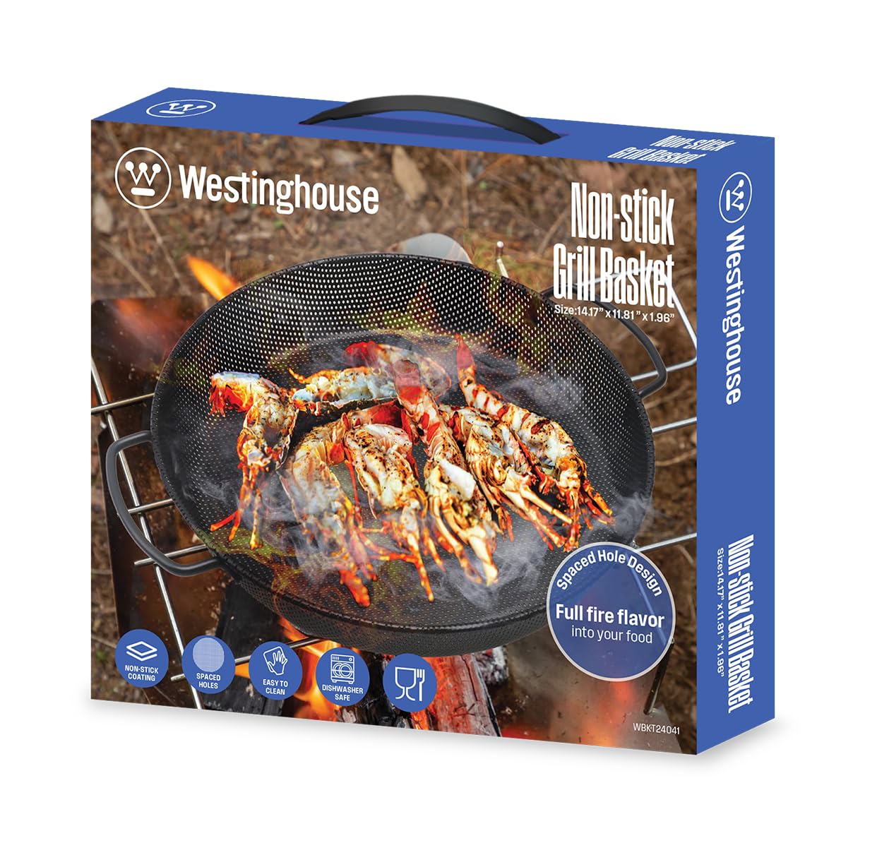 Westinghouse Non-Stick Grill Basket - 14-Inch BBQ Grilling Tray with Holes for Even Heat, Dishwasher Safe - Ideal for Veggies, Seafood, and More