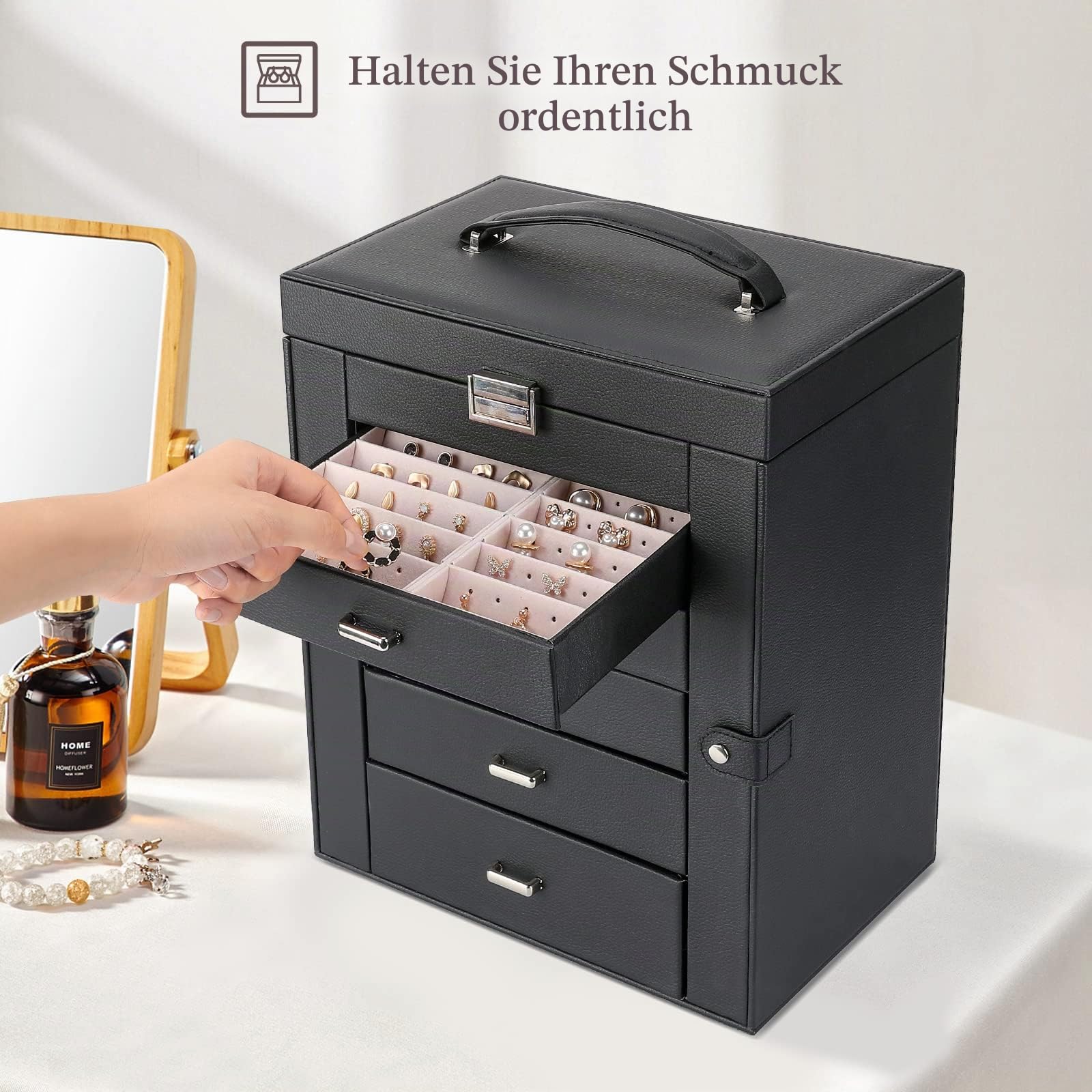 ProCase Große Schmuckkästchen, 6 Schichten Schmuckbox Schmuckkasten Schmuckschatulle, Schmuck Aufbewahrung Box mit Ohrringhalter Schubladen und Uhrenkissen, Jewelry Organizer Box -Schwarz