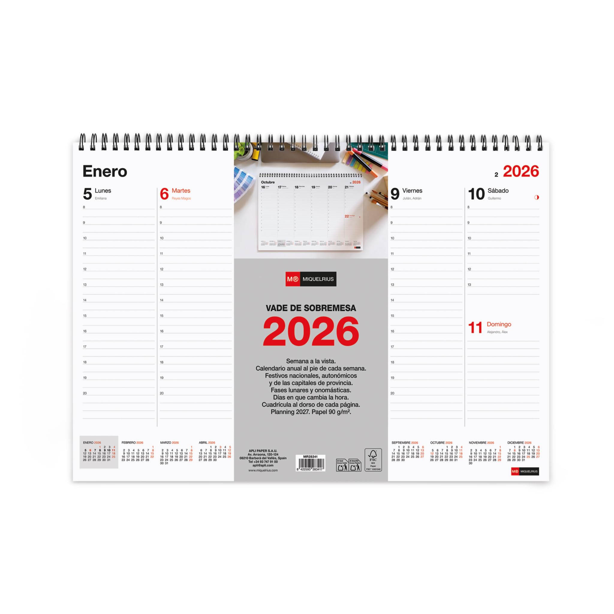 Miquelrius - Calendario 2026 semanal Basic, Planning de sobremesa, Planificador A3: 420 x 296 mm, Con espacio para anotar, Vade semana vista, Encuadernación espiral doble, Español