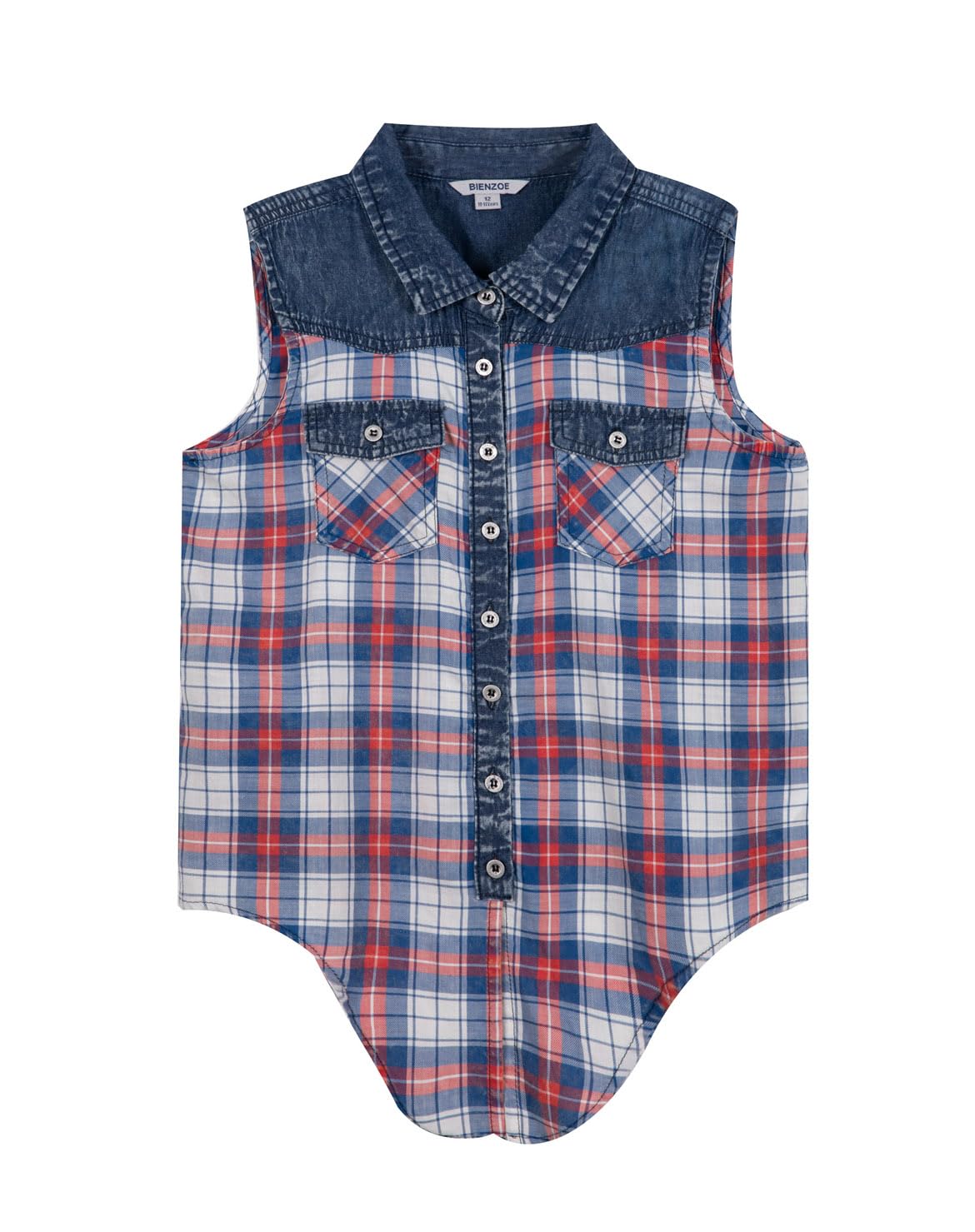 Bienzoe Camiseta corta sin mangas para niñas: blusa informal occidental con botones a cuadros vaquera