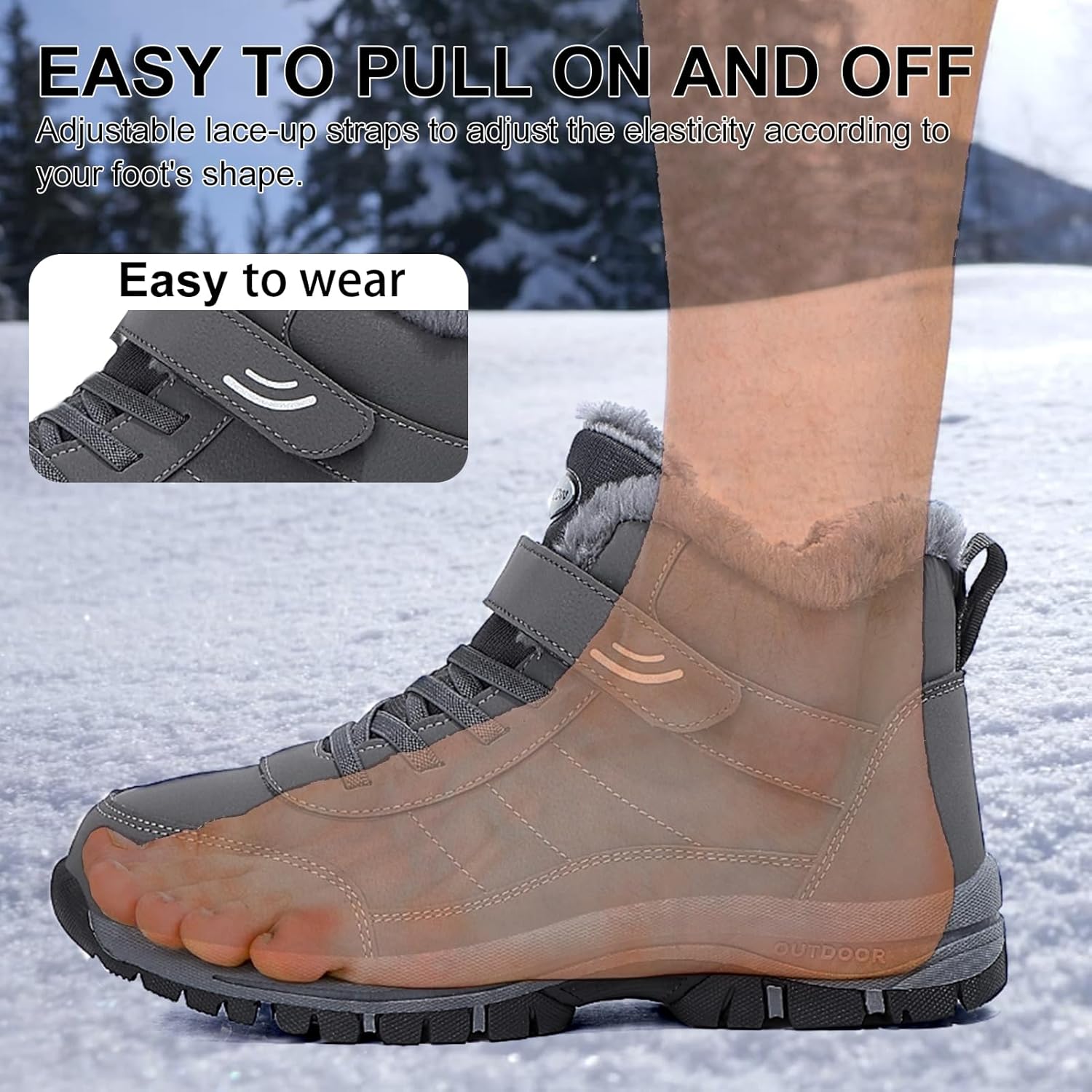 Snow Boots for Men, Mens Outdoor Water-Resistant Hiking Boots with Furry Cuff, Non-Slip Warm Snow Boots for Men, Durable with Lace and Velcro Strap - Image 5
