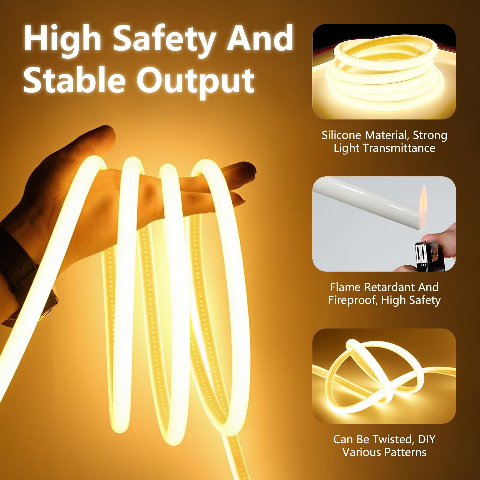 Neon COB LED Streifen 20m Silikon Wasserdicht Feuerfest IP65 Runde Led Strip Warmweiss 3000K 10mm Leds Lichterkette Außen 230V Flexibler Lichtband Aussenbereich mit Netzteil für Party,Küche