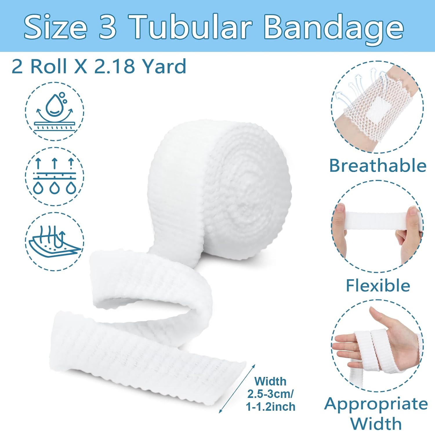 Grevosea 2 Roll 2m Stockinette Tubing for Arm, Elastic Tubular Bandage Net Wound Dressing Compression Bandage Wrap Tubular Gauze Sleeve Without the Use of Adhesive Tape (Size 3)