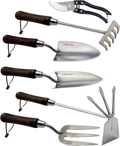 Juego de herramientas de jardín, 6 herramientas de mano de jardinería de acero inoxidable resistentes con cuerdas, incluyendo paleta, trasplantador,