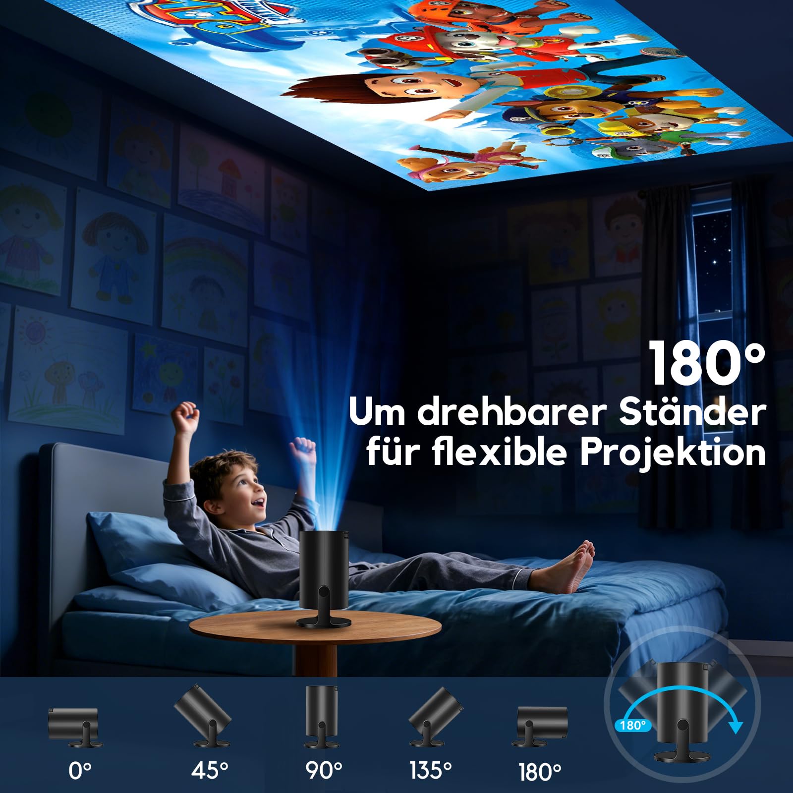 Smart Mini Beamer 1080P Unterstützt, Tragbarer Projektor AKIYO O2 mit WiFi 6 und Bluetooth 5.4, Beamer Klein mit 180° Drehbar und Auto Keystone, Kompatibel mit HDMI/Smartphone/USB/Laptop/PS5, Schwarz