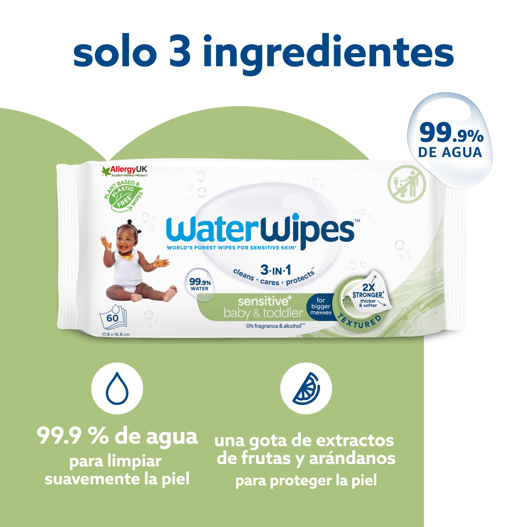 WaterWipes Sensitive+ Baby & Toddler Wipes, Toallitas Para Bebés y Niños Pequeños, 720 unidades (paquete de 12), 3 en 1 Limpia, Cuida, Protege, 99,9% Agua, Textura Limpia, Sin perfume